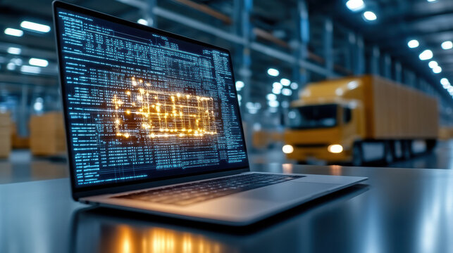 Digital interface displaying logistics data laptop warehouse setting, showcasing technology