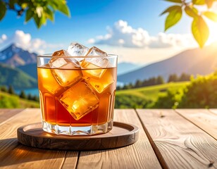 Refreshing drink with ice cubes, set outdoors with scenic mountain view