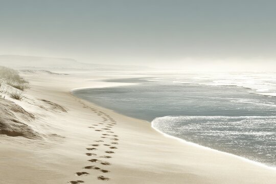 Footprints in the sand on a misty beach with gentle waves and distant hills creating a serene and atmospheric coastal landscape, bathed in soft, diffused light.
