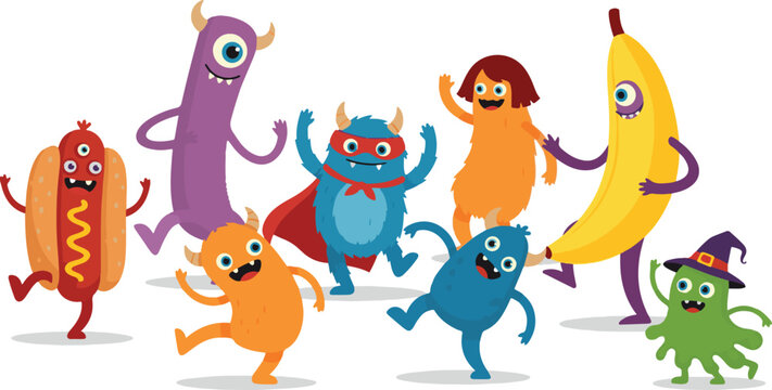 Funny cartoon monsters dancing together cute vector characters for childrens illustration isolated on white background