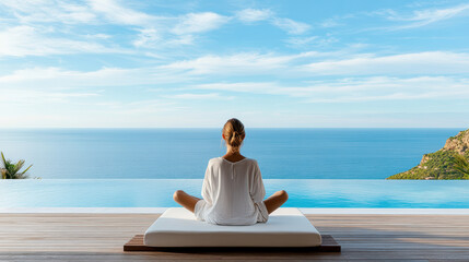 Fototapeta premium Relaxing woman meditating on sunbed beside infinity pool with ocean view