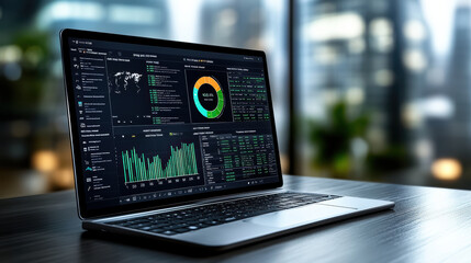 Clean digital dashboard with financial analytics laptop screen, showcasing data visualizations