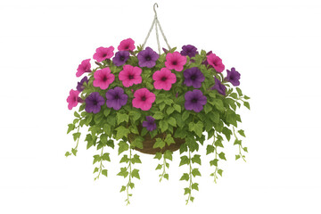 Fototapeta premium Petunia flowers in hanging basket blooming, vibrant pink and purple blossoms, lush green foliage, transparent background