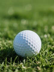 Obraz premium A white golf ball resting on a grassy surface with a blurred green background.
