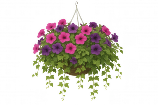 Petunia flowers in hanging basket blooming, vibrant pink and purple blossoms, lush green foliage, transparent background