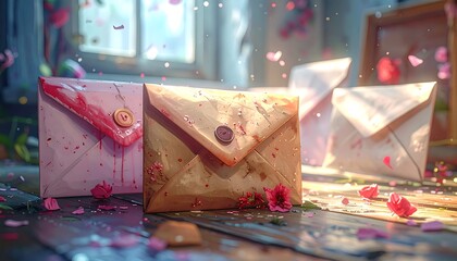 Romantic scene with envelopes and falling petals near a window