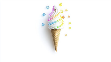 Colorful ice cream cone with swirls of soft serve and sprinkles, evoking sense of joy and sweetness