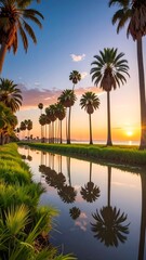 Obraz premium Serene canal lined with palm trees at sunset, capturing golden light
