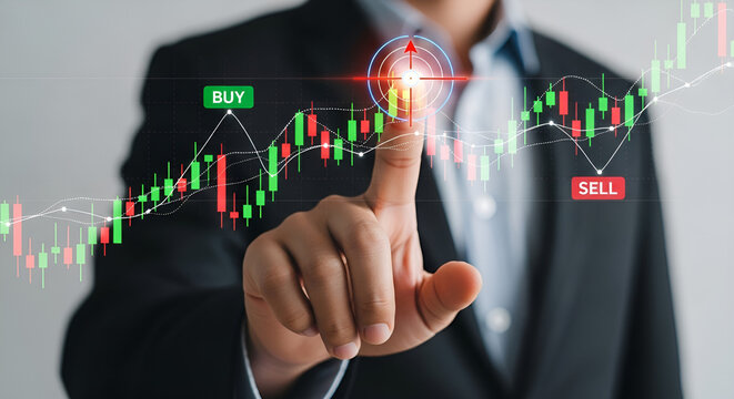 Businessman interacting with digital stock market chart and buysell indicators in air - Powered by Adobe