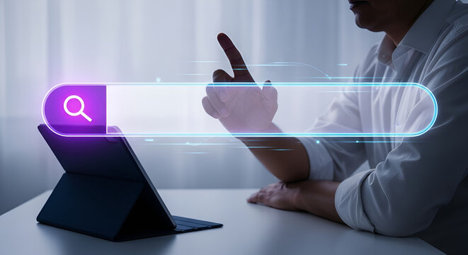 Person using tablet with digital search bar interface and magnifying glass icon - Powered by Adobe