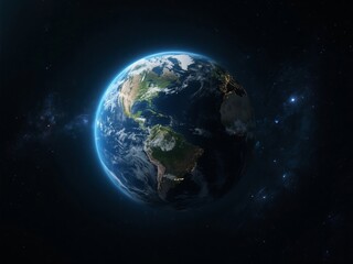 Fototapeta premium Earth viewed from space, showcasing continents, oceans, and atmospheric glow against a starry background