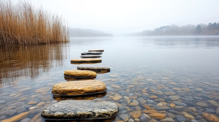 Calm riverbank with stones and reeds under morning mist creates serene atmosphere