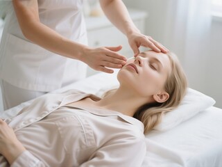 A woman receiving a facial massage from a therapist in a serene spa setting