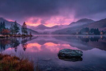 A majestic purple and pink sunrise reflected on a serene mountain lake.