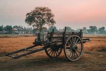 Rustic wooden cart in a golden field under a hazy sunset, distant village.