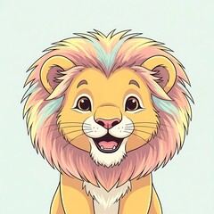 Obraz premium Adorable cartoon lion with colorful mane and happy expression.