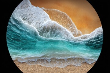 Obraz premium Striking overhead view of turquoise ocean waves meeting a golden sandy beach.