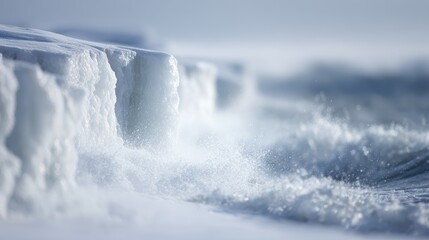 A dramatic coastline where the ocean waves are frozen in time, like giant ice sculptures.