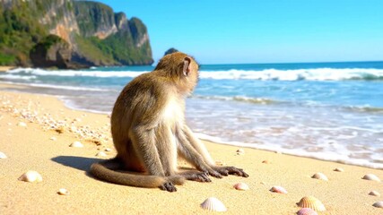 Adorable Monkey Sitting Peacefully on Sandy Shoreline Enjoying Tropical Blue Ocean View with Shells at Sunny Day in Island Beach Koh Phi Phi Thailand a Nature Wildlife Scene 190