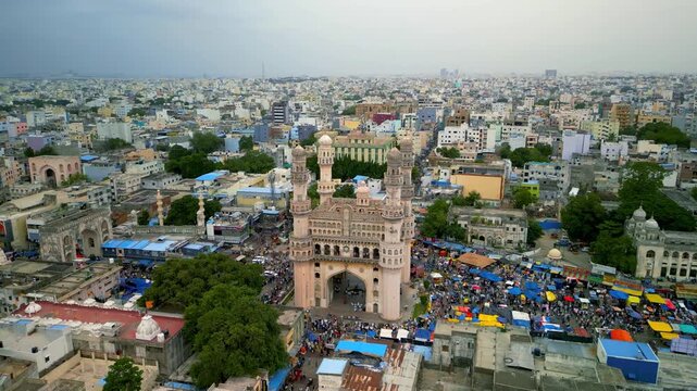Aerial view of 400 year old historic monument Charminar in the Old city of Hyderabad, India.