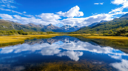 Fototapeta premium Calm lake reflecting mountains and sky creates perfect mirror of nature beauty