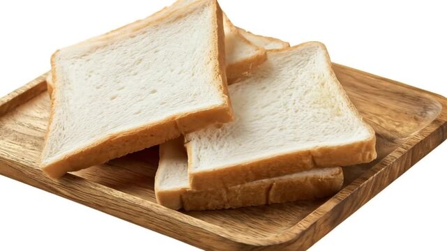Stacked slices of white bread displayed on a wooden platter.