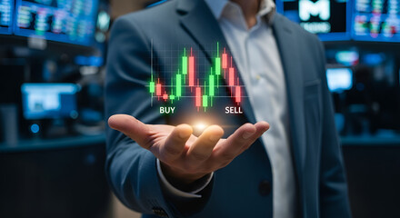 Businessman holding holographic stock chart with buy and sell indicators in trading room