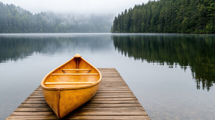 Obraz premium Wooden canoe rests on dock by serene lake, surrounded by misty mountains and lush trees