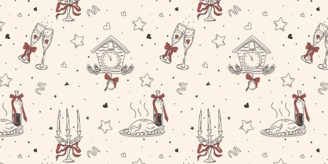A vintage, hand-drawn holiday seamless pattern. A minimalist retro Christmas pattern with candles, a turkey, and champagne.