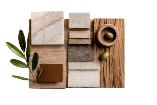 Material palette, natural tones, design samples