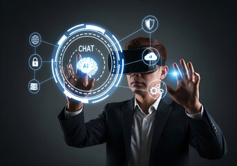 Businessman using virtual reality headset with futuristic chat and technology interface