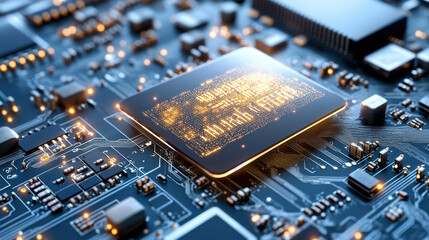 High tech microprocessor on circuit board glowing with intricate patterns and connections