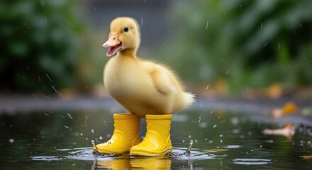 Adorable duckling splashing in a puddle wearing vibrant yellow rain boots on a rainy day