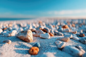 Close-up view of smooth pebbles and sand on a tranquil beach at sunrise, with a clear blue sky.