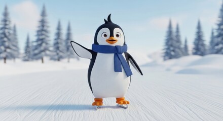 Adorable Penguin Ice Skating in a Snowy Winter Landscape with Christmas Trees