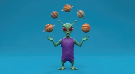 Alien juggler gracefully managing cosmic balance in a surreal and captivating display