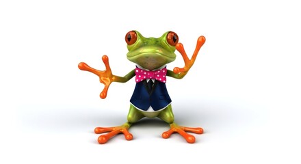 Animated frog character in a tuxedo and bow tie standing on a white background