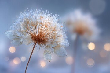 Delicate frosted plant seed head with sparkling ice crystals on a soft winter bokeh background.