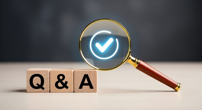 Wooden blocks spelling q a viewed through a magnifying glass with a glowing checkmark