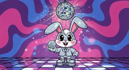 Cartoon bunny with disco balls in a groovy retro setting perfect for a fun party invitation