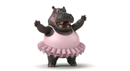 Cartoon Hippo with Pink Tutu Dancing Ballet Delightfully on a White Background