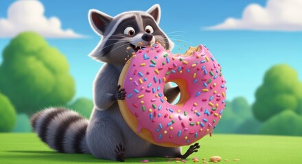 Cartoon raccoon enjoying a giant pink donut with colorful sprinkles in a lush meadow landscape