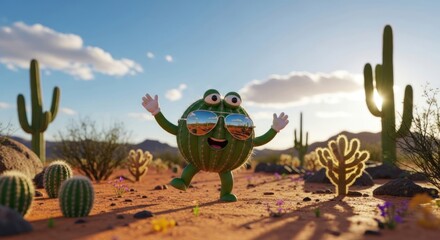 Cheerful cactus character enjoying the desert sun with sunglasses and a happy expression amidst