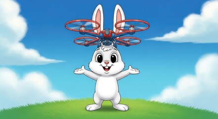 Cute Cartoon Bunny with Drone Above Head Amidst Blue Skies and Green Meadow Illustration