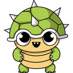 Cute Cartoon Turtle Character with Spiky Green Shell Big Black Eyes and Yellow Body on a Transparent Background