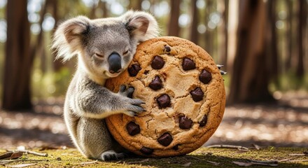 Cute koala hugging a chocolate chip cookie in an Australian forest setting creating a whimsical