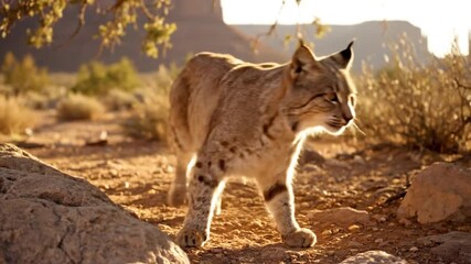 Bobcat Walking Through Desert Landscape with Warm Golden Sunset Light Rocky Terrain and Sparse Vegetation Wildlife in Arid Environment Detailed Fur Texture and Natural Colors - Powered by Adobe