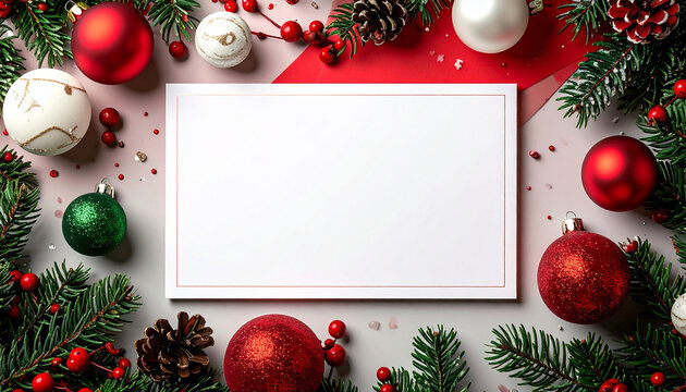 Festive Christmas Card Mockup with Ornaments and Evergreen Branches.