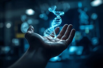 Close up of a human hand holding a glowing blue digital dna helix against a dark futuristic background with bokeh lights