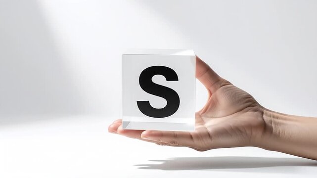 Hand holds a transparent cube featuring a bold black 'S' against a bright white background with soft shadows